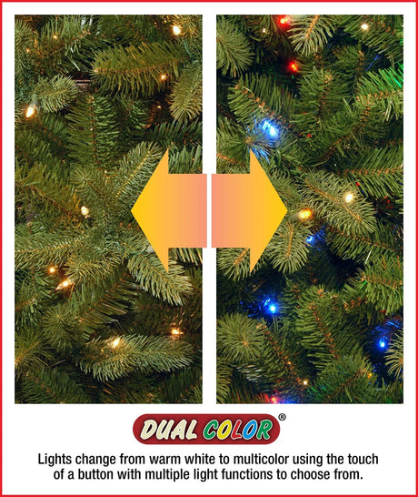 Artificial tree pre-lit with dual LED lights. Lights change from warm white to multi-colored lights.