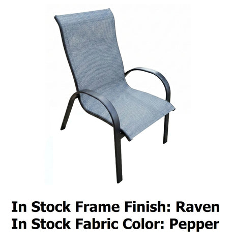 This image shows what this dining chair looks like on a white background. The image reads "In Stock Frame Finish: Raven. In Stock Fabric Color: Pepper."