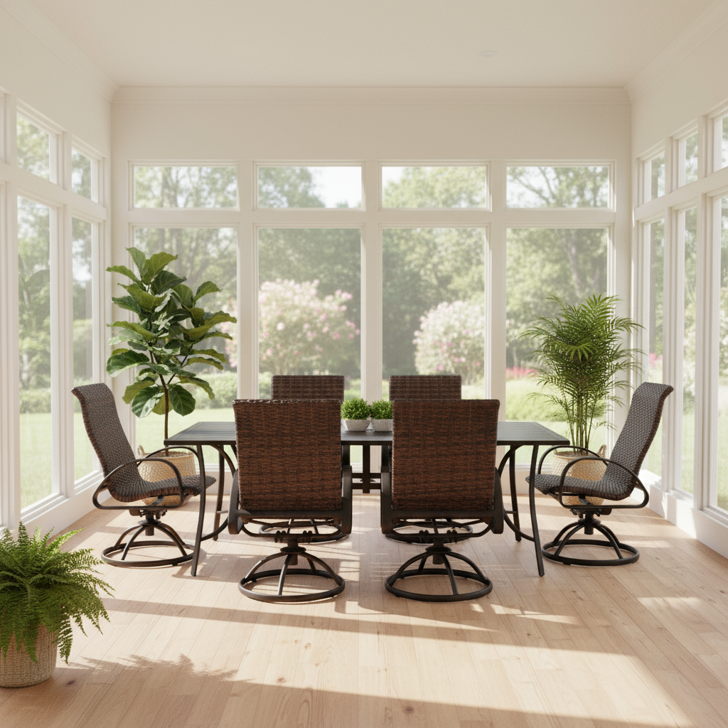 This is a lifestyle image showing this dining furniture set inside a white sun room.