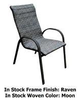 This image shows the woven armchair on a white background. The image reads "In Stock Frame Finish: Raven. In Stock Woven Color: Moon."