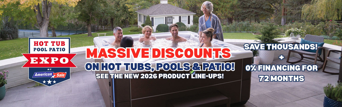 American Sale Expo Sale desktop banner for Hot Tub, Pool, and Patio Expo with images of hot tubs, pools, and outdoor furniture. Plus save thousands and 0% financing for 72 months!