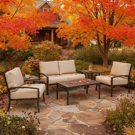 This is a lifestyle image showing the light tan and brown colored furniture set on a stone patio in a Midwestern backyard on a fall day. The leaves on the trees are turning orange.