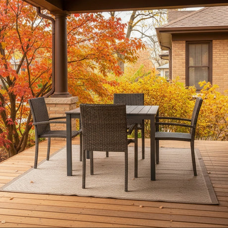 This is a lifestyle image showing this patio dining set on a wooden deck on a fall day.