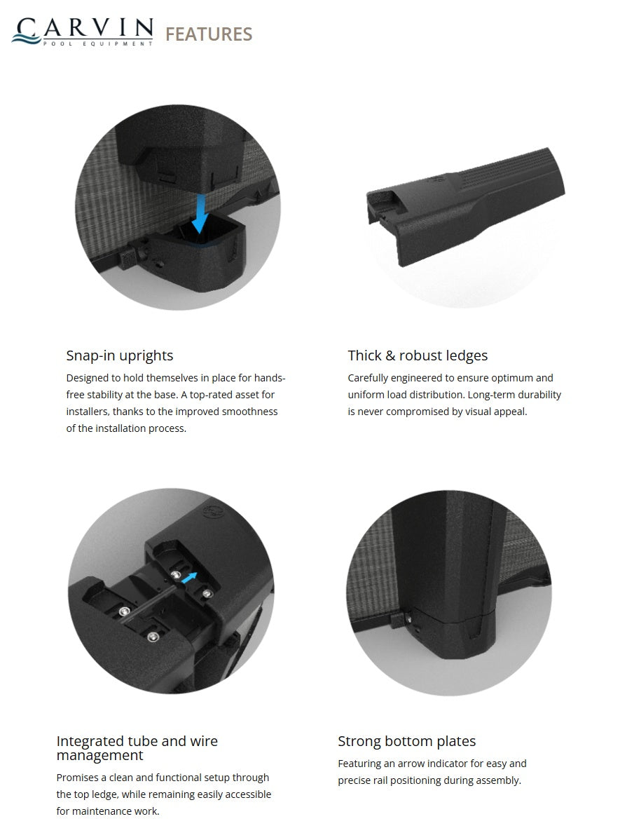 This image lists the other features of this pool. Snap-in uprights, thick & robust ledges, integrated tube and wire management and strong bottom plates.