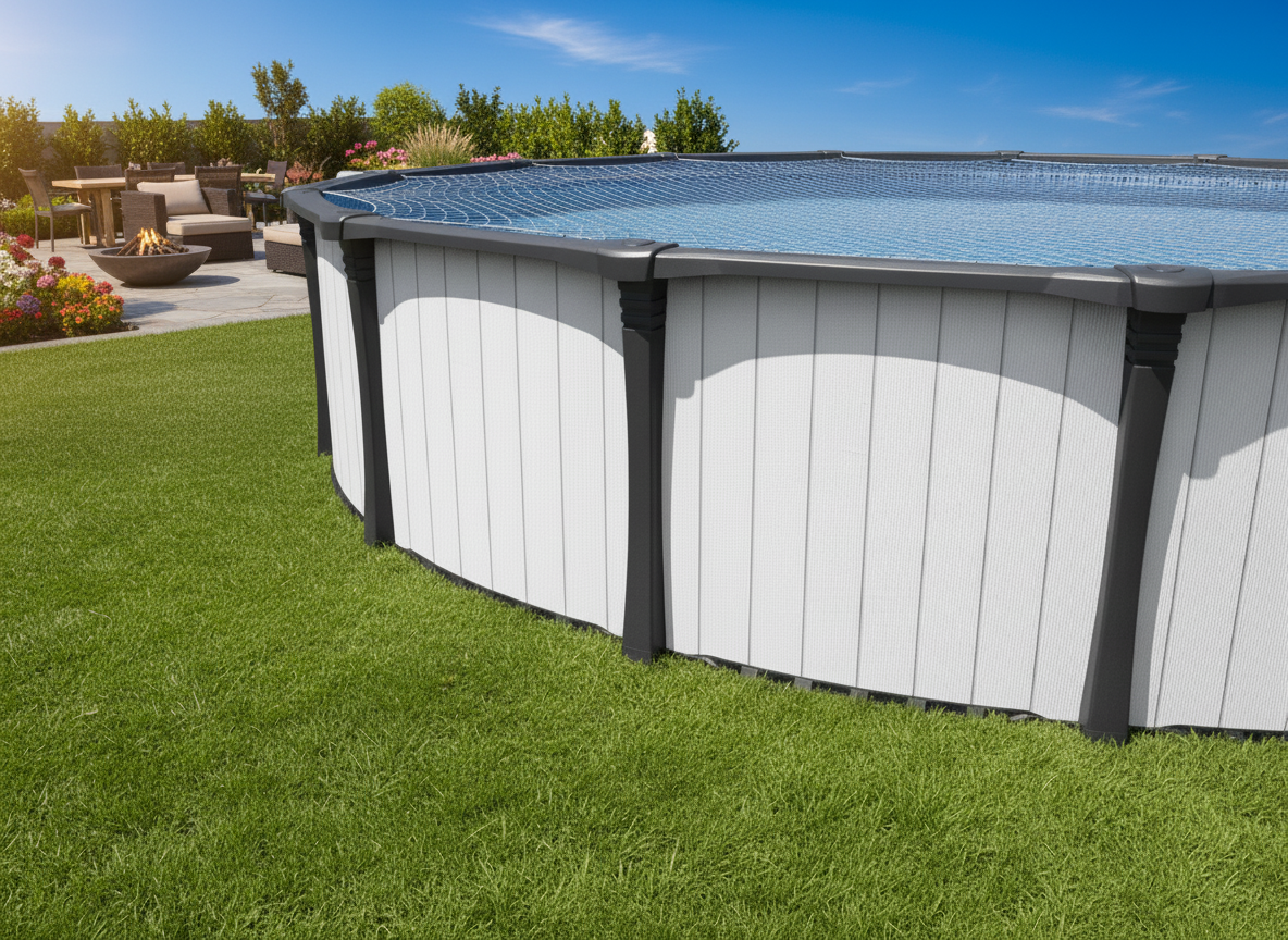 This is a lifestyle image showing the pool in a nice sunny backyard with a pretty patio off to the left.