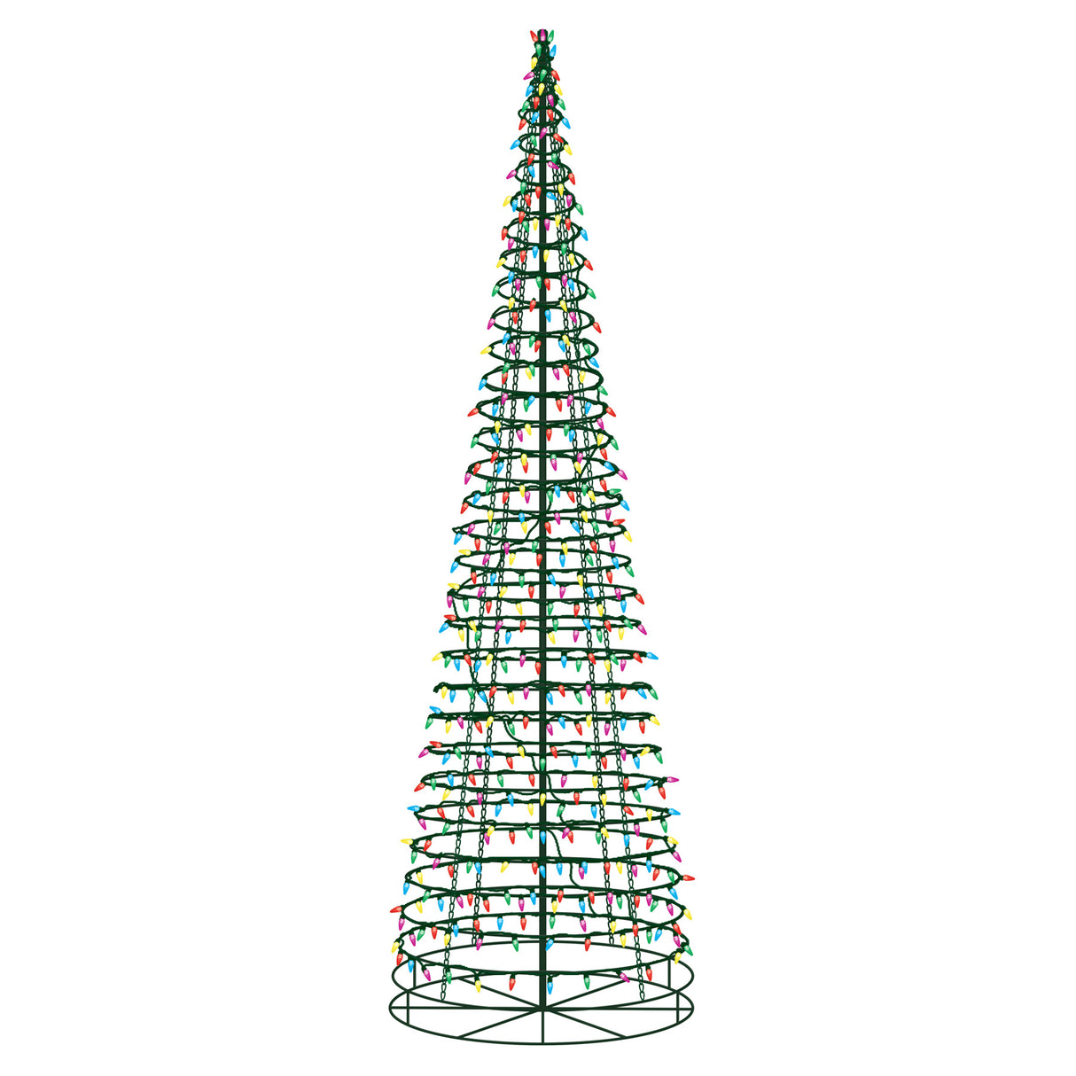 This image shows a black wire cone tree with multi-colored lights on a white background.
