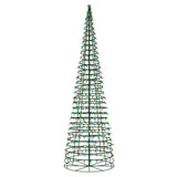 This image shows a black wire cone tree with multi-colored lights on a white background.