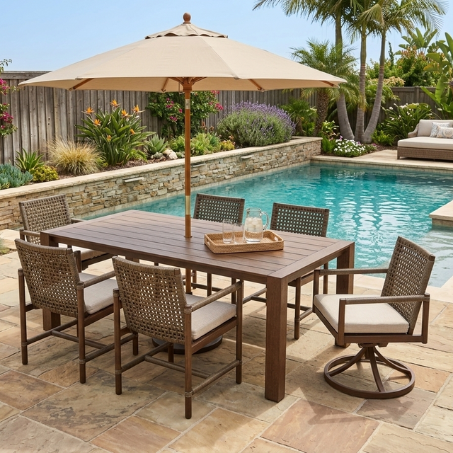 This is a lifestyle image showing this patio furniture set on a stone patio next to an in-ground pool in a fenced in backyard on a sunny day.