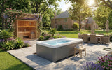 This is a lifestyle image showing the cold plunge tub on a stone patio in a grassy backyard. There's also a sauna underneath a wooden pergola that has beautiful flowers growing on it.