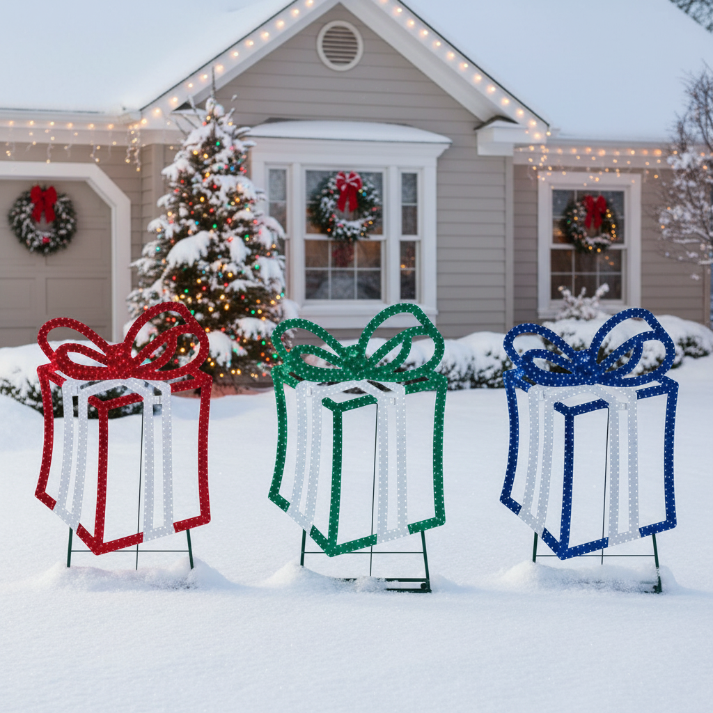 This is a lifestyle image showing the three different present decorations in the snowy front yard of a house decorated for Christmas.