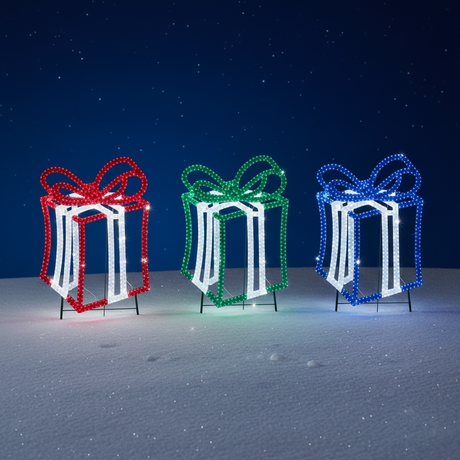 This is a lifestyle image showing the three different present decorations in the snow at night.
