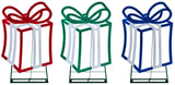 This image shows the three different present decorations on a white background. The presents are red and white, green and white and blue and white.