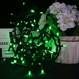 This is a lifestyle image showing the green starry lights on a table next to a pot of flowers.
