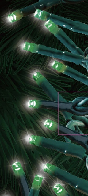 This image shows the green starry lights all lit up.