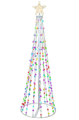 Cone tree pre-lit with LED lights. One measures 6 ft. tall and one measures 4 ft. tall.