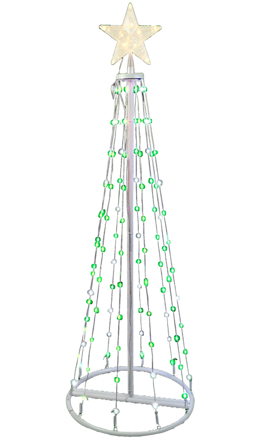Cone tree pre-lit with LED lights. One measures 6 ft. tall and one measures 4 ft. tall.