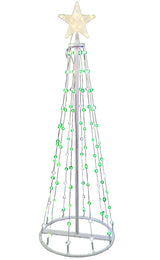 Cone tree pre-lit with LED lights. One measures 6 ft. tall and one measures 4 ft. tall.