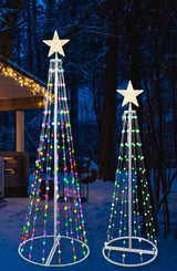 Cone tree pre-lit with LED lights. One measures 6 ft. tall and one measures 4 ft. tall.