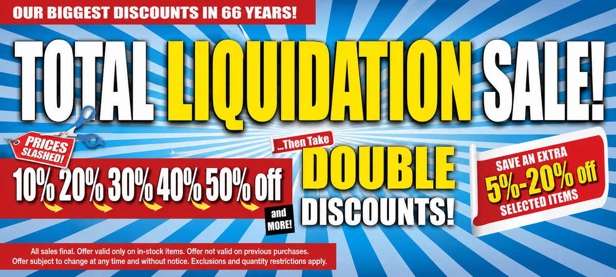 A promotional sale banner with large text reading 'TOTAL LIQUIDATION SALE!' and 'DOUBLE DISCOUNTS!' over a blue sunburst background, with discount percentages and offer details in red, yellow, white, and black.
