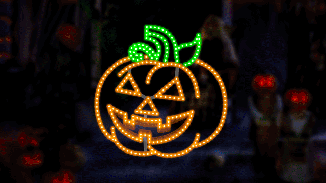 This moving image shows the way the pumpkin's eyes blink and the mouth opens and closes. The stem and leaves on top are green and the rest of the lights are orange.