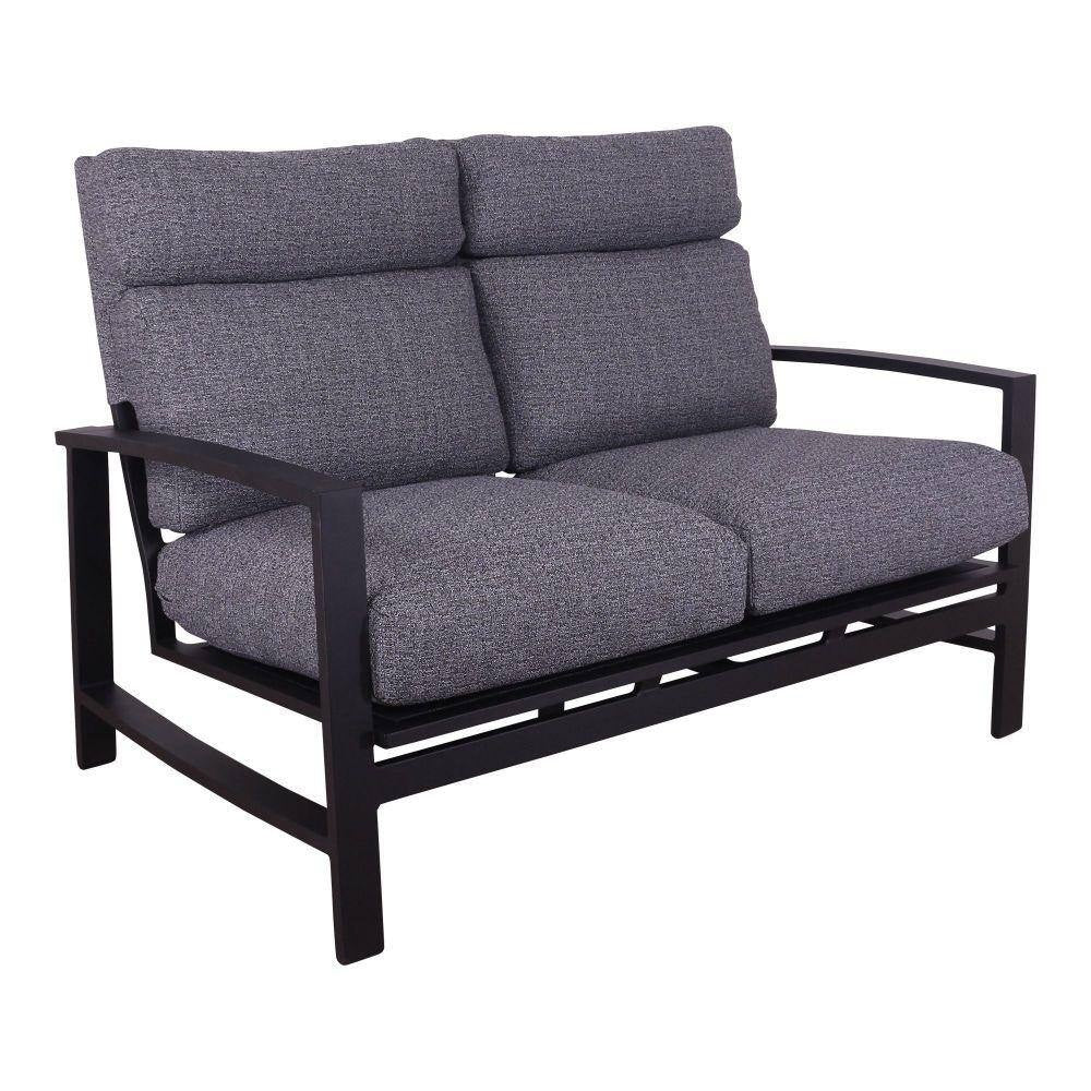 This image shows that loveseat on a white background. The frames are black and the cushion color is gray.