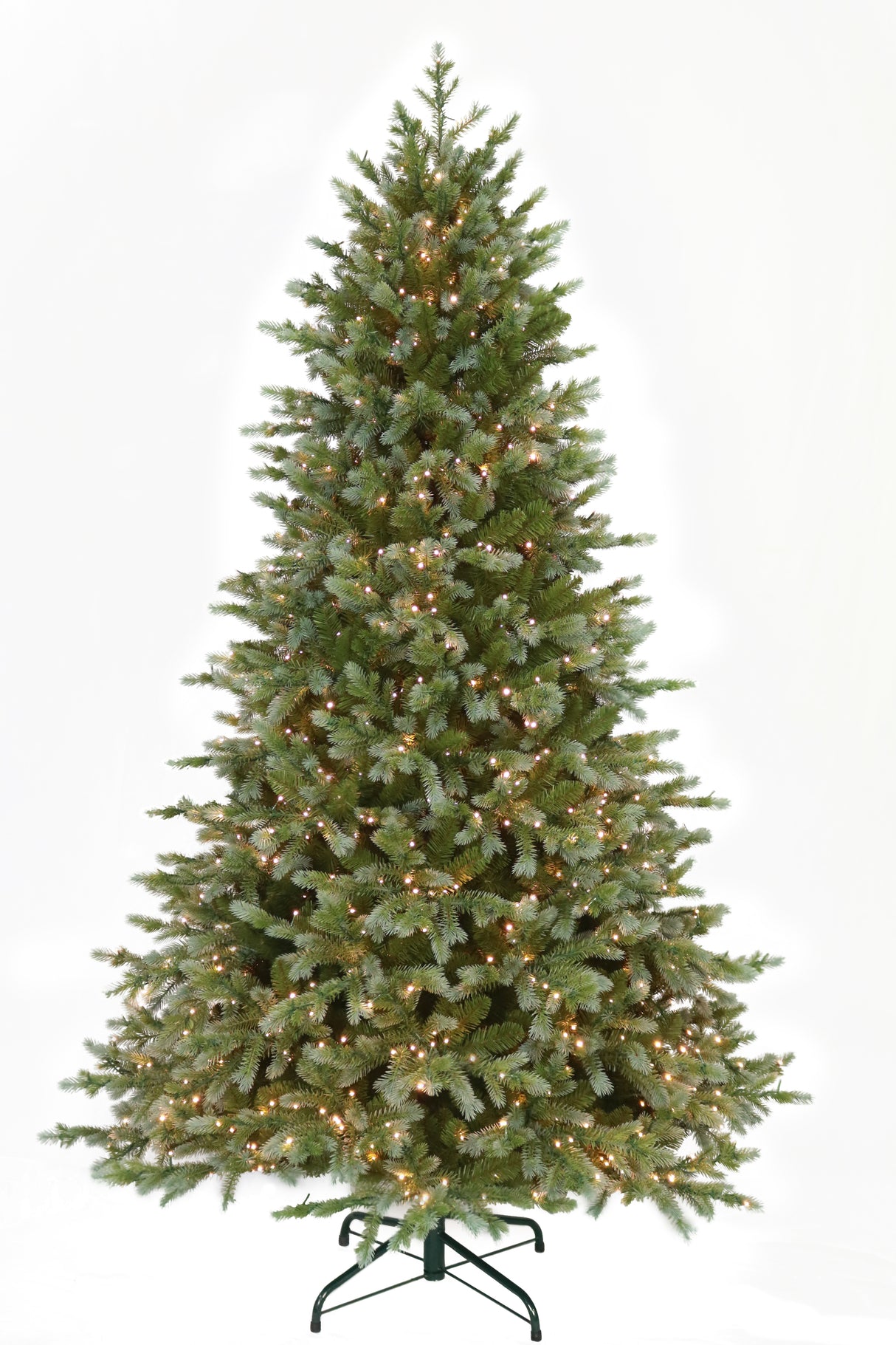 This is an image showing this artificial tree pre-lit with Warm White Starry Lights. This tree is up against a white background.