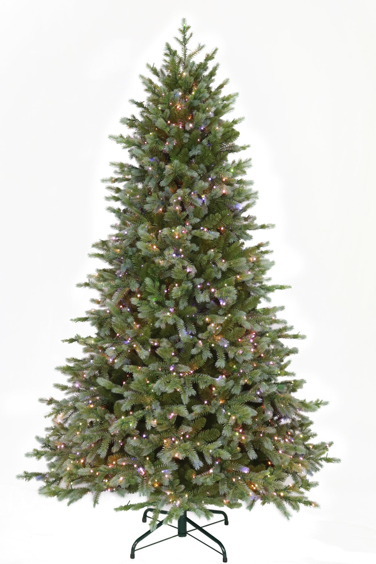 This is an image showing this artificial tree pre-lit with Multi-Colored Starry Lights. This tree is up against a white background.