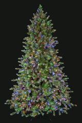 This is an image showing this artificial tree pre-lit with Multi-Colored Starry Lights. This tree is up against a black background.