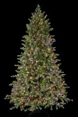 This is an image showing this artificial tree pre-lit with Multi-Colored Starry Lights. This tree is up against a black background.