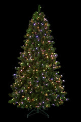 This is an artificial tree with Multi-Colored Starry Lights on. This tree is up against a black background.