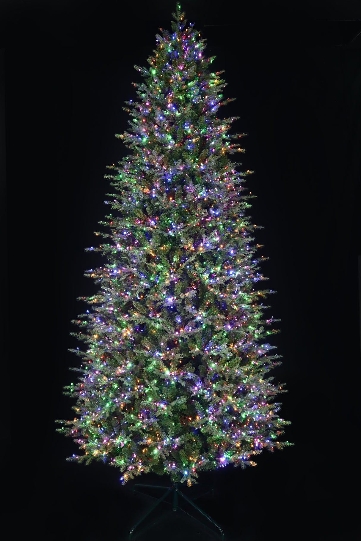 This 11 ft. artificial Christmas tree is pre-lit with Multi-Colored Starry Lights. This tree is up against a black background.