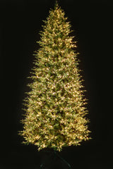 This 11 ft. artificial Christmas tree is pre-lit with Warm White Starry Lights. This tree is up against a black background.