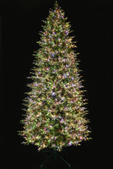 This 11 ft. artificial Christmas tree is pre-lit with Multi-Colored Starry Lights. This tree is up against a black background.