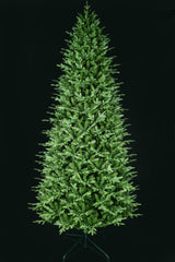 This 11 ft. artificial Christmas tree with the lights off. This tree is up against a black background.