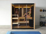 This is a lifestyle image showing two people sitting inside the sauna.