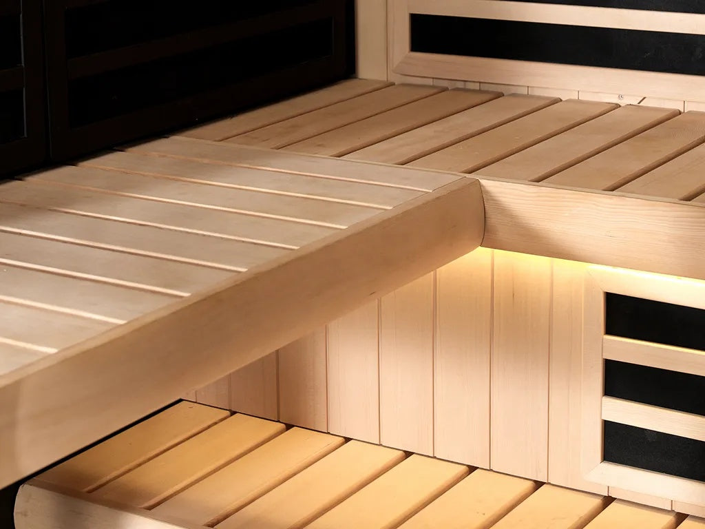 This is a close up view of the bench inside the sauna.