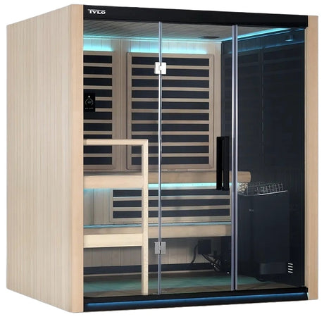 This image shows the Kiruna 3 person sauna from Tylo on a white background.