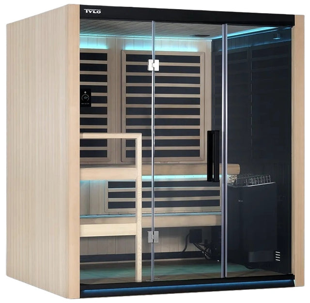 This image shows the Kiruna 3 person sauna from Tylo on a white background.