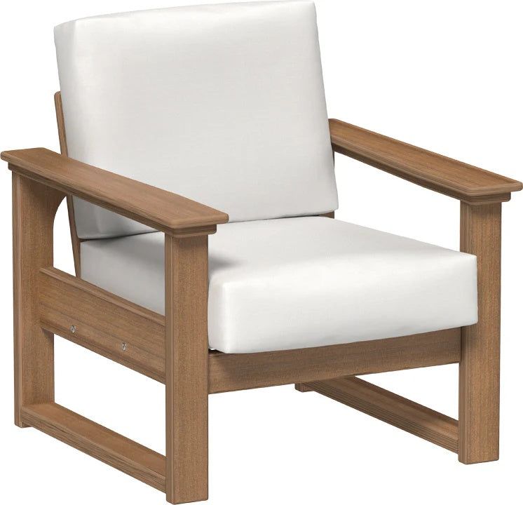 This image shows the deep seating chair on a white background. The frames are antique mahogany and the cushion is canvas.