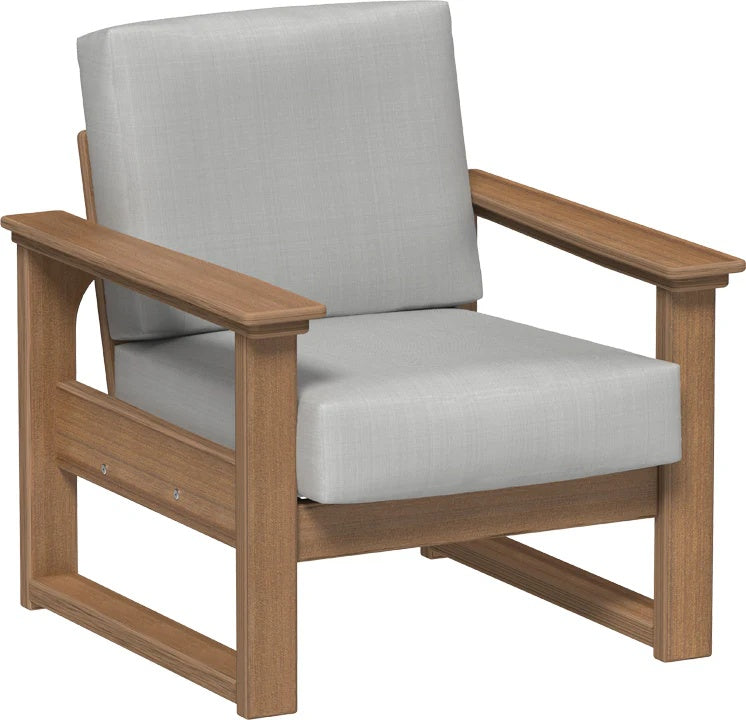 This image shows the deep seating chair on a white background. The frames are antique mahogany and the cushion is spectrum dove.