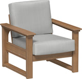 This image shows the deep seating chair on a white background. The frames are antique mahogany and the cushion is spectrum dove.