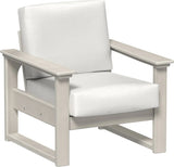This image shows the deep seating chair on a white background. The frames are birch and the cushion is canvas.
