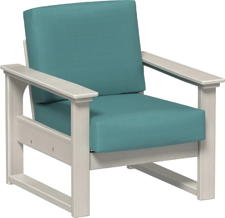 This image shows the deep seating chair on a white background. The frames are birch and the cushion is cast breeze.