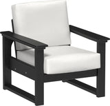This image shows the deep seating chair on a white background. The frames are black and the cushion is canvas.