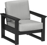 This image shows the deep seating chair on a white background. The frames are black and the cushion is spectrum dove.