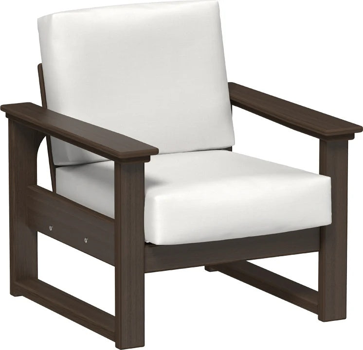 This image shows the deep seating chair on a white background. The frames are Brazilian walnut and the cushion is canvas.
