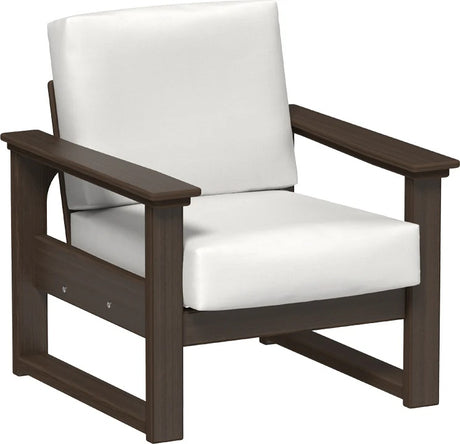 This image shows the deep seating chair on a white background. The frames are Brazilian walnut and the cushion is canvas.