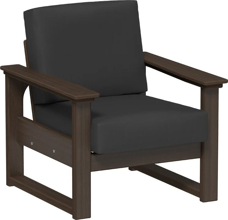 This image shows the deep seating chair on a white background. The frames are Brazilian walnut and the cushion is spectrum carbon.