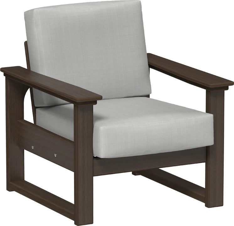 This image shows the deep seating chair on a white background. The frames are Brazilian walnut and the cushion is spectrum dove.