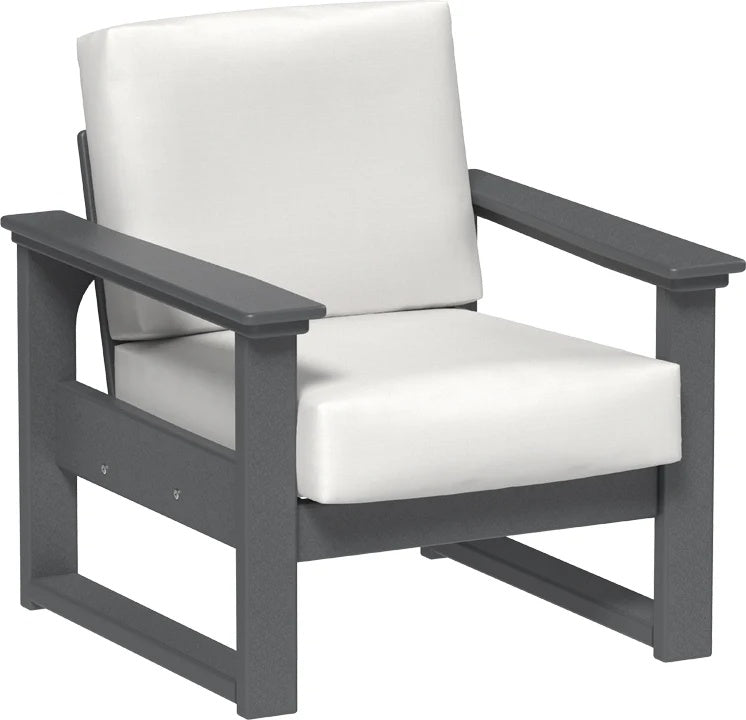 This image shows the deep seating chair on a white background. The frames are slate and the cushion is canvas.